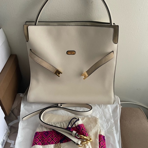 Tory Burch Small Lee Radziwill Leather and Suede Double Bag in Cream - Picture 10 of 15